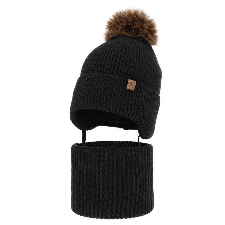 Ensemble d'hiver garçon: bonnet et snood, noir, avec pompon, avec liens, Zico