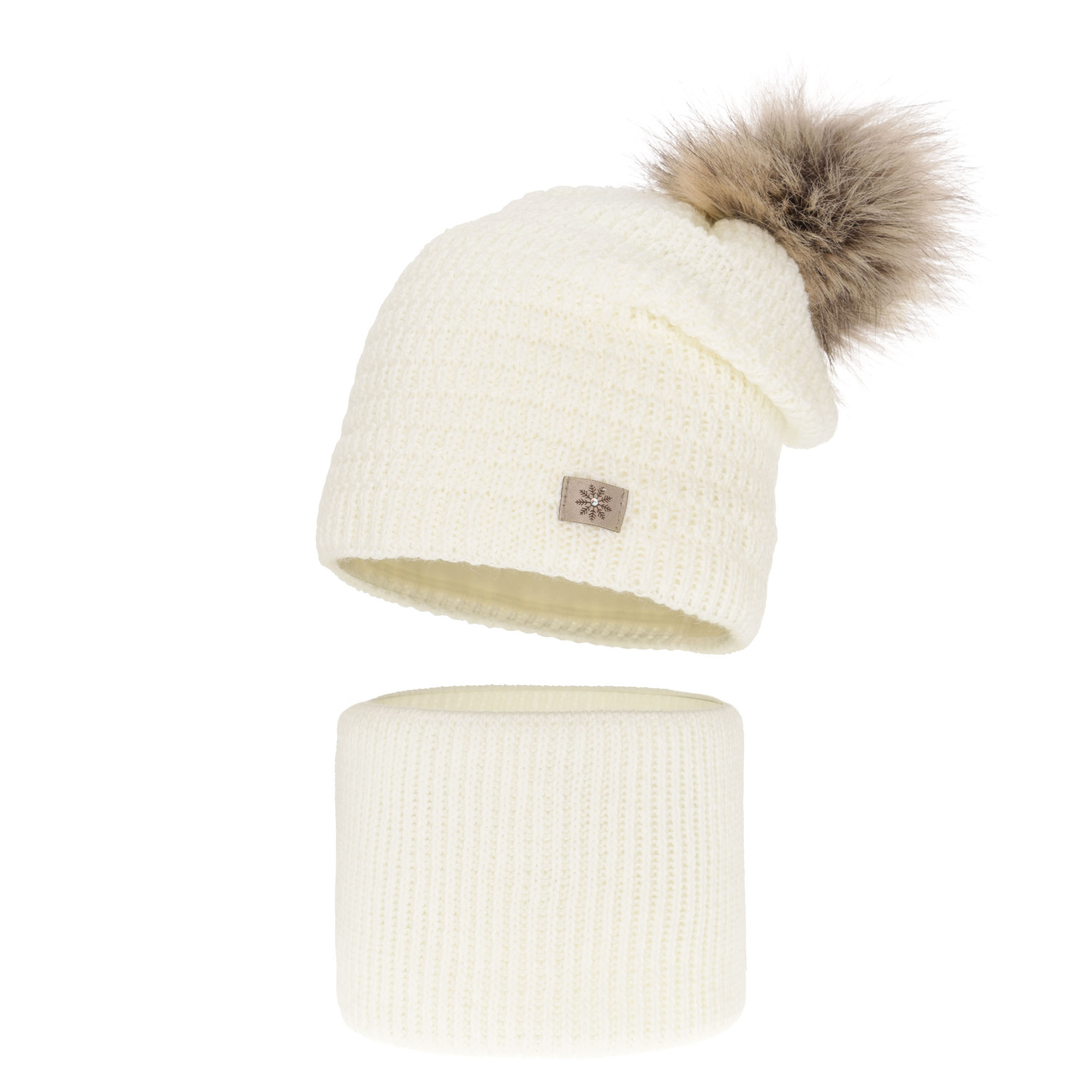 Ensemble d'hiver fille: bonnet et snood, crème, avec pompon, Germina