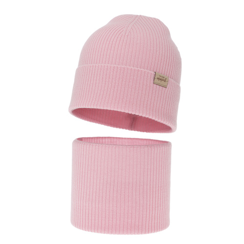 Meisjes herfst/lente set (muts en buissjaal), roze, 100% Merino Wol, Magenta