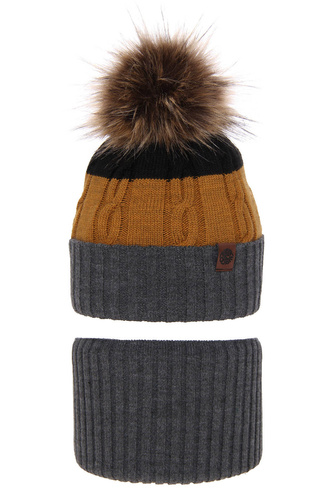Jongens winter set muts en buissjaal, grijs, met garen pompon, Karmel