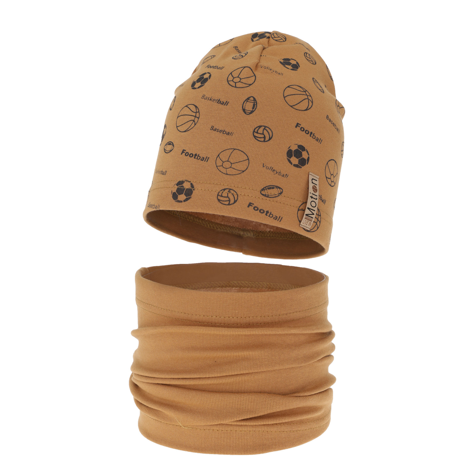 Ensemble automne/printemps garçon: bonnet et snood, camel, en coton, Paolo