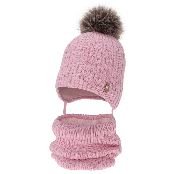 Ensemble d'hiver fille: bonnet et snood, rose, avec laine mérinos, avec pompon, avec liens, Muanda