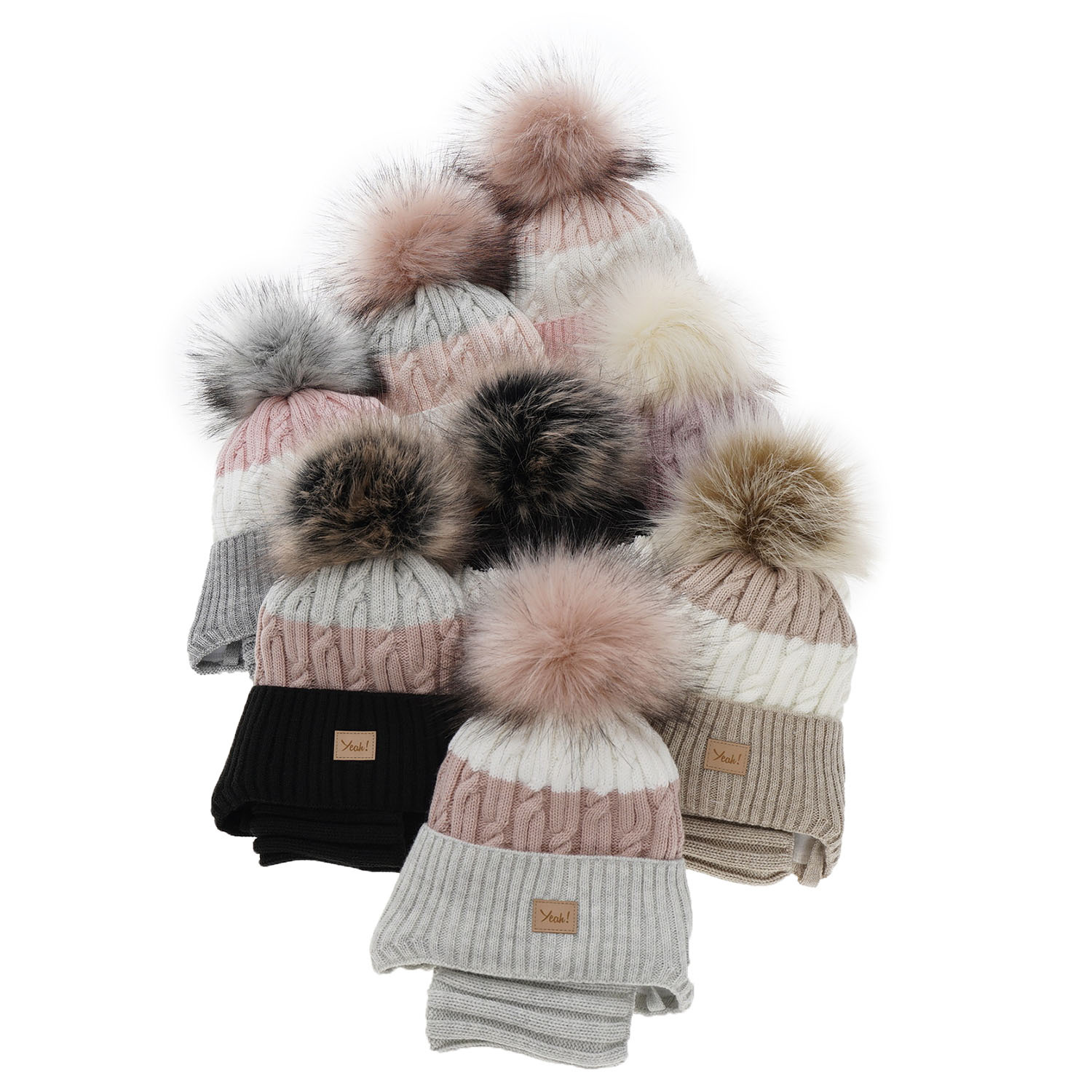 Meisjes winter set muts en buissjaal, kremowy, met garen pompon, met bindkoorden, Riviera