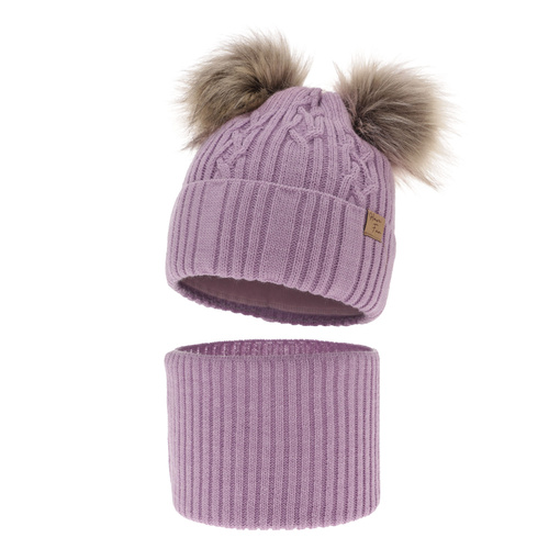 Ensemble d'hiver fille: bonnet et snood, violet, avec deux pompons, Sierra