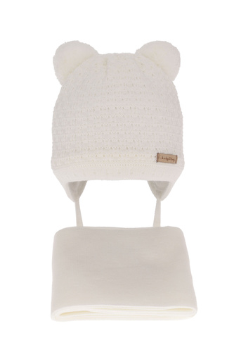 Ensemble d'hiver garçon: bonnet et écharpe, blanc, avec deux pompons, avec liens, Franki