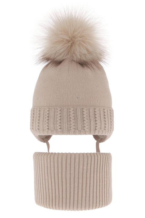 Ensemble d'hiver fille: bonnet et snood, beige, avec pompon, avec liens, Renia
