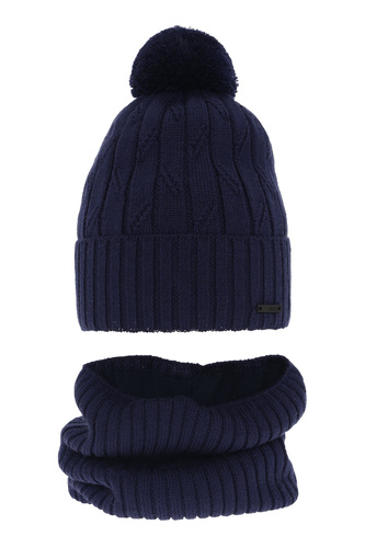 Ensemble d'hiver garçon: bonnet et snood, bleu marine, avec pompon, avec laine mérinos, Talar