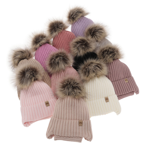 Ensemble d'hiver fille: bonnet et snood, rose, avec pompon, avec liens, Louisa