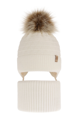 Ensemble d'hiver fille: bonnet et snood, crème, avec pompon, Egeria