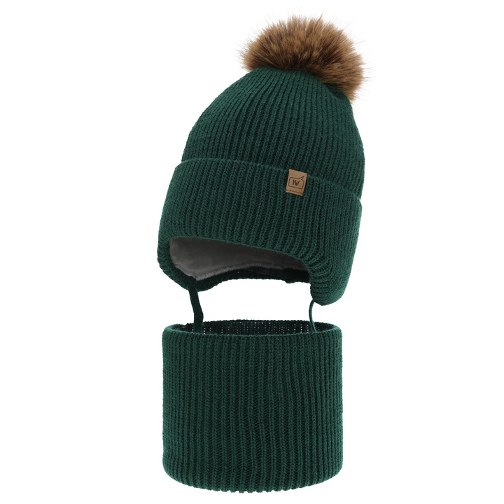Ensemble d'hiver garçon: bonnet et snood, vert, avec pompon, Zico