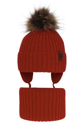 Jongens winter set muts en sjaal, rood, met garen pompon, Puzel