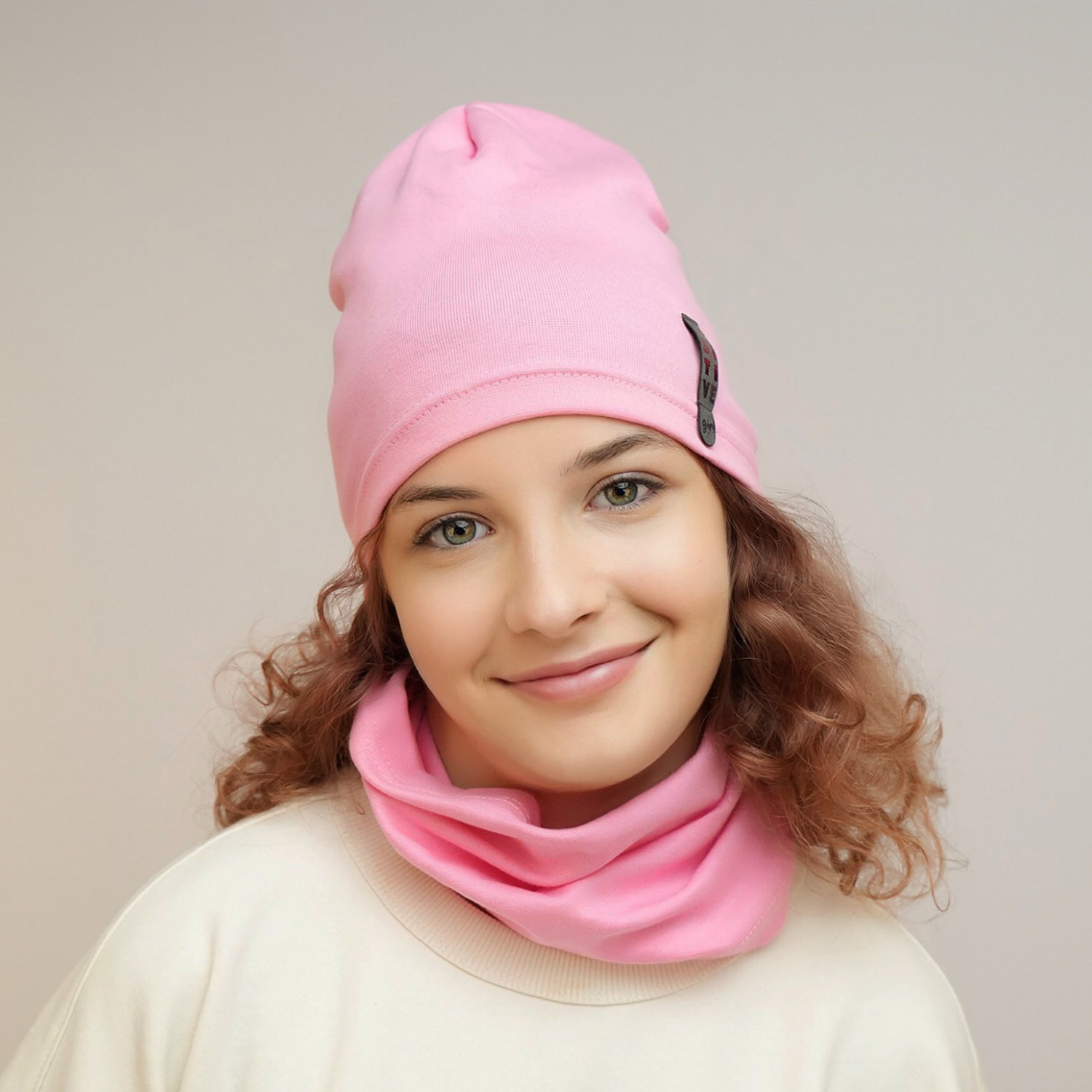 Meisjes herfst/lente set muts en buissjaal, roze, katoenen, Flores