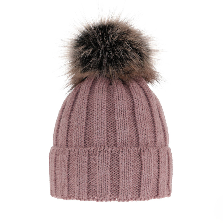 Dames wintermuts, roze, met garen pompon, Mokka