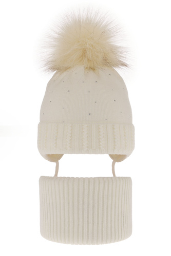 Ensemble d'hiver fille: bonnet et snood, crème, avec pompon, Renia