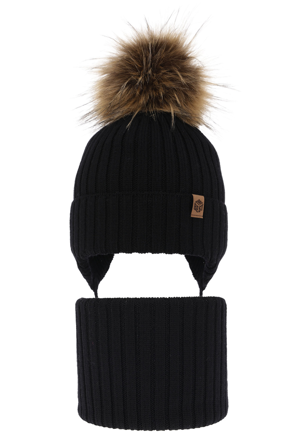 Ensemble d'hiver garçon: bonnet et snood, noir, avec laine mérinos, avec liens, Juno