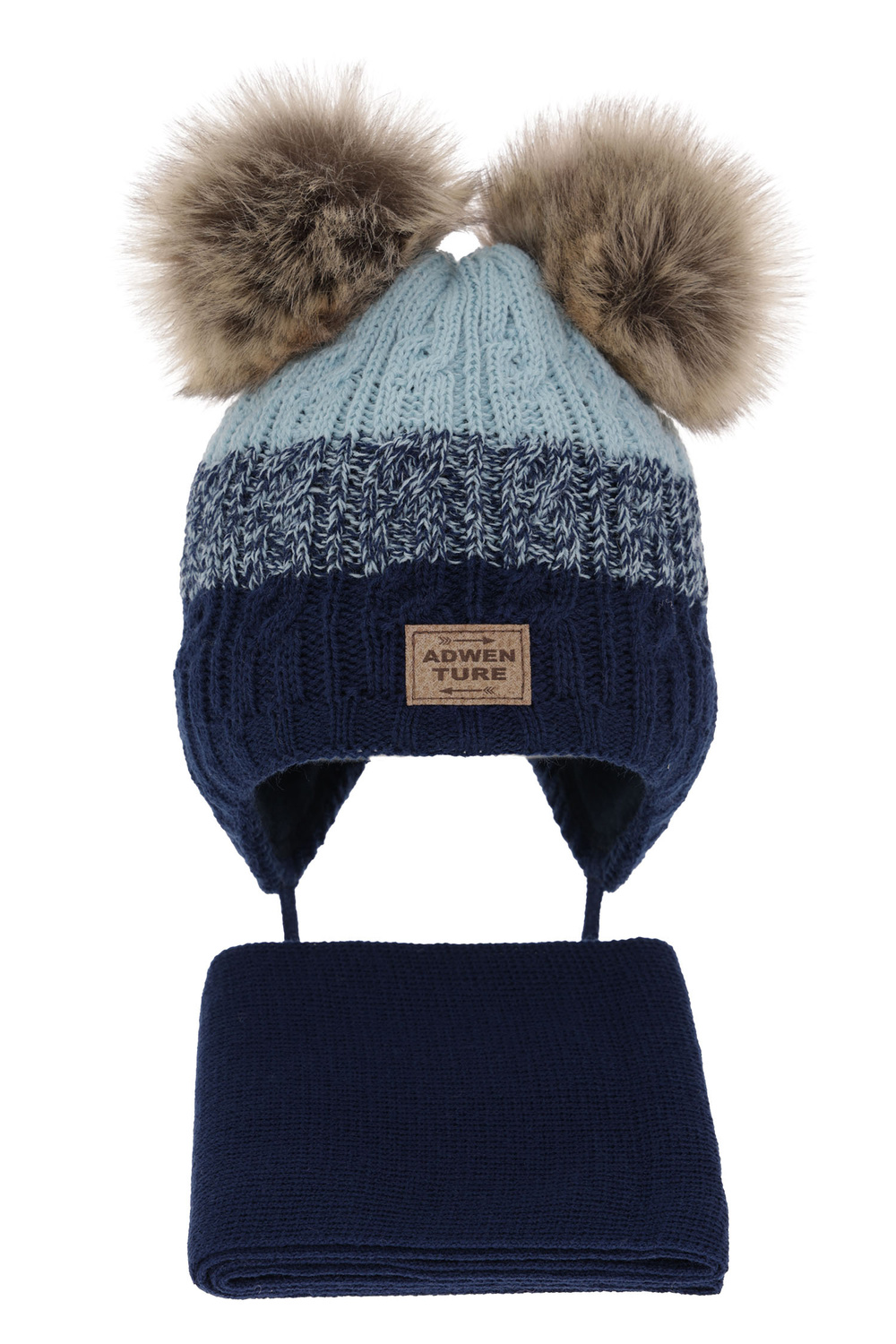 Ensemble d'hiver garçon: bonnet et écharpe, bleu marine, avec deux pompons, Platon