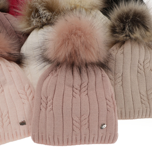 Ensemble d'hiver fille: bonnet et snood, crème, avec pompon, Amaltea