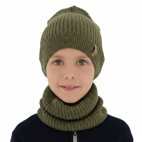 Ensemble automne/printemps garçon: bonnet et snood, khaki, avec laine mérinos, Chester