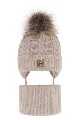 Ensemble d'hiver fille: bonnet et snood, beige, avec pompon, Finess