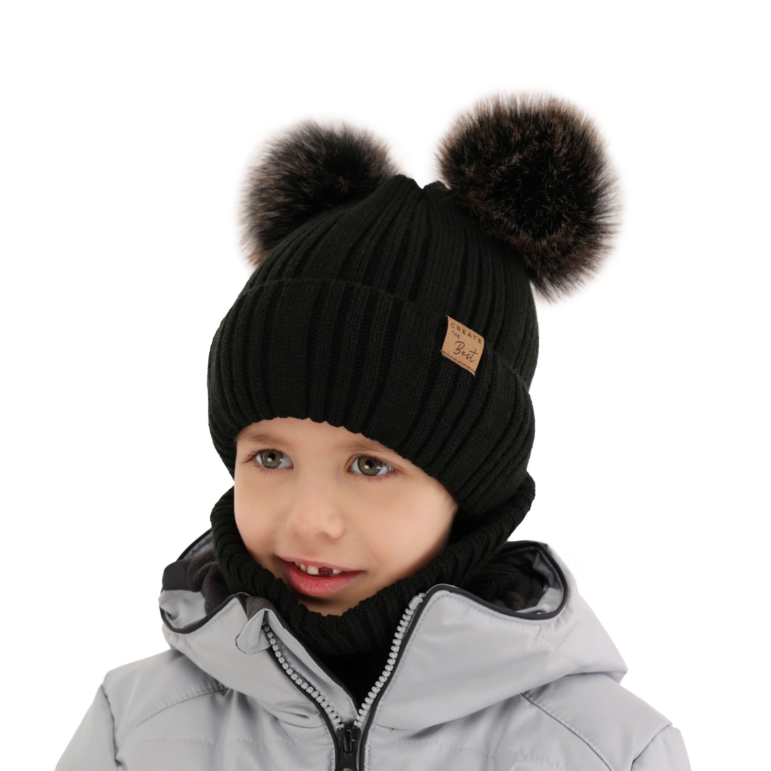 Ensemble d'hiver garçon: bonnet et snood, noir, avec deux pompons, Bilard