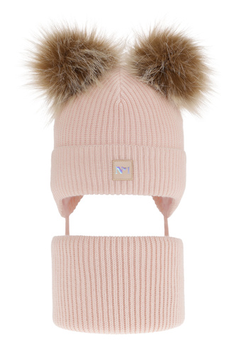 Ensemble d'hiver fille: bonnet et snood, rose, avec deux pompons, avec liens, Kiara