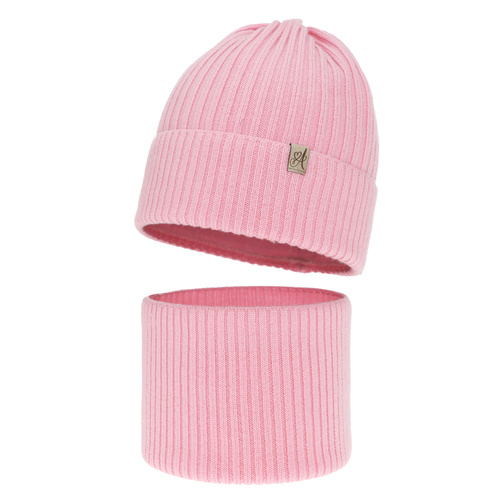Ensemble d'hiver fille: bonnet et snood, rose, avec laine mérinos, Patricia