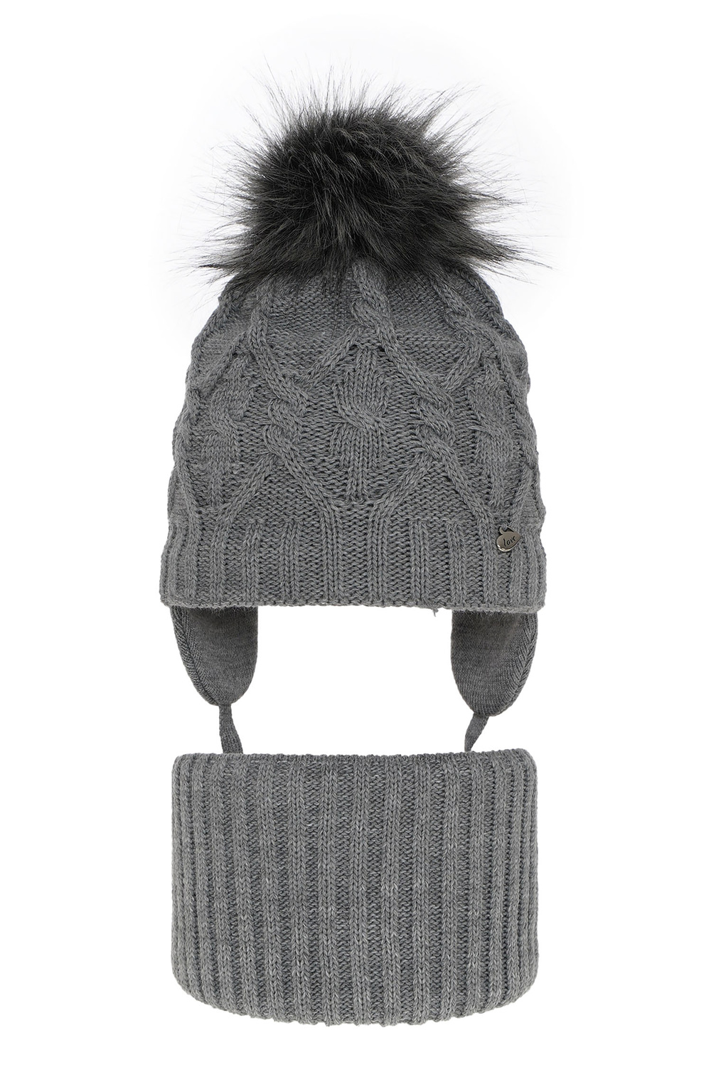 Meisjes winter set muts en buissjaal, grijs, met garen pompon, met bindkoorden, Elena