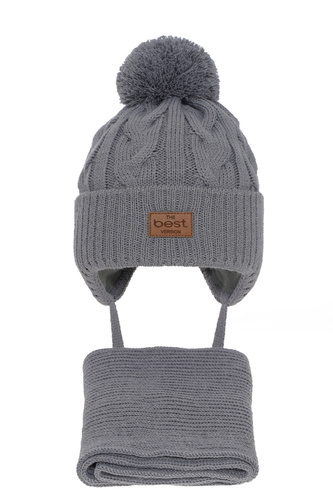 Jongens winter set muts en sjaal, grijs, met garen pompon, Remix