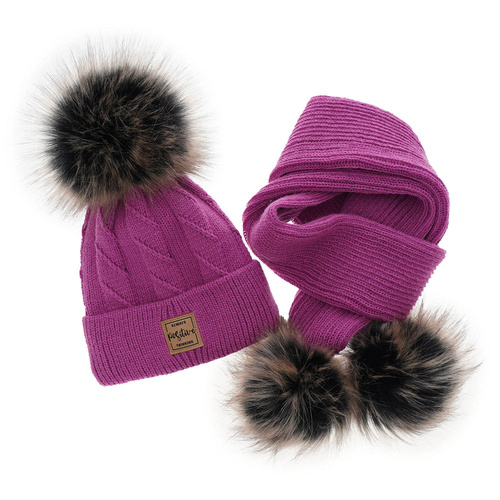 Ensemble d'hiver fille: bonnet et écharpe, gris, avec deux pompons, Gabriela