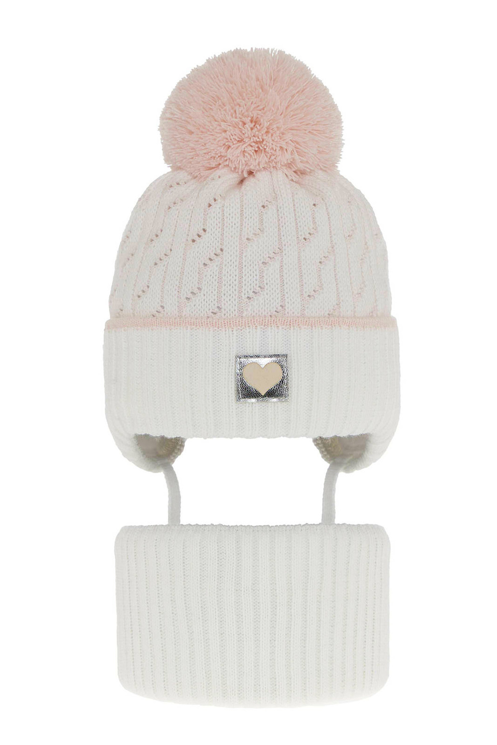Ensemble d'hiver fille: bonnet et snood, blanc, avec pompon, Natka