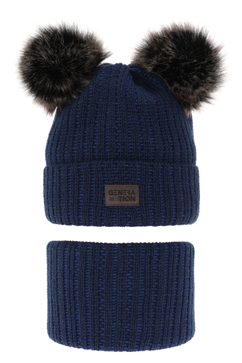 Ensemble d'hiver garçon: bonnet et snood, bleu marine, avec deux pompons, Tokio