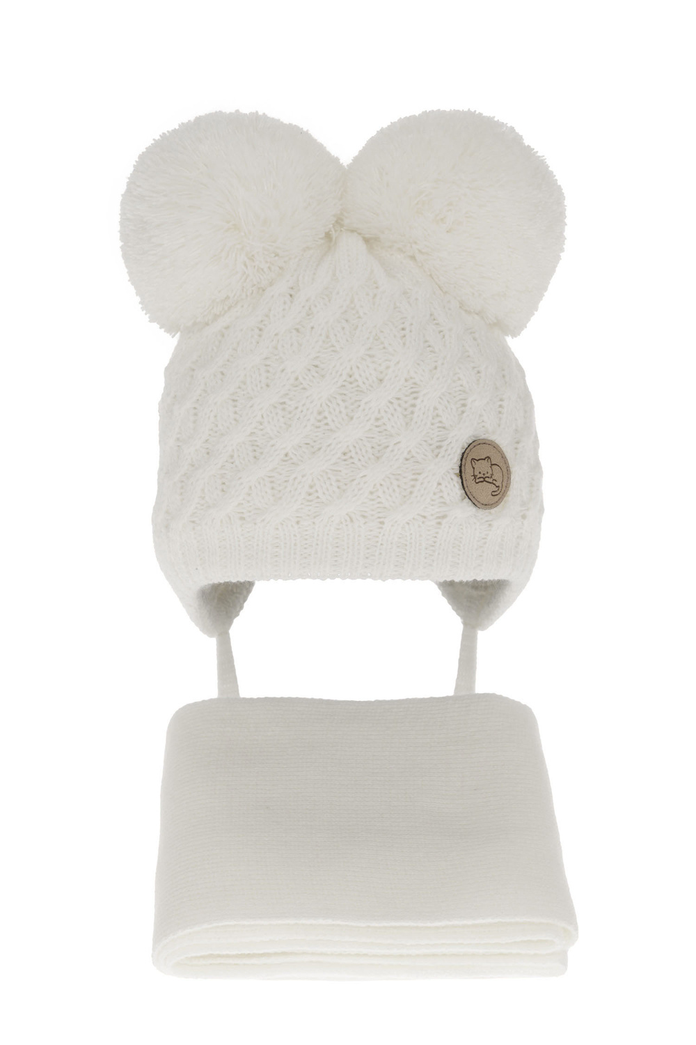 Ensemble d'hiver fille: bonnet et écharpe, blanc, avec deux pompons, avec liens, Anava