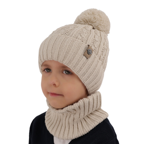 Ensemble d'hiver garçon: bonnet et snood, bleu, avec pompon, Almond