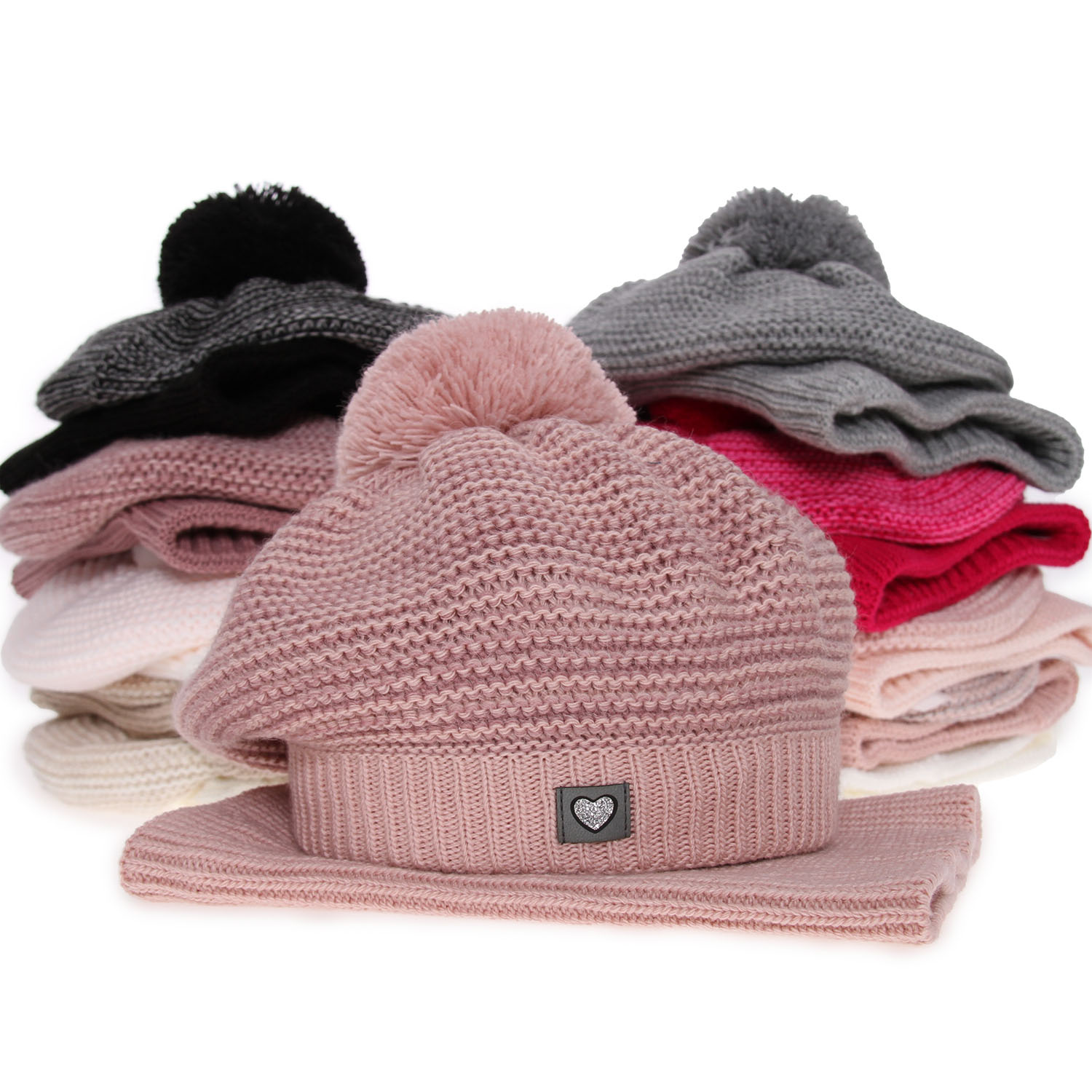 Meisjes winter set muts en buissjaal, wit, met garen pompon, Lira