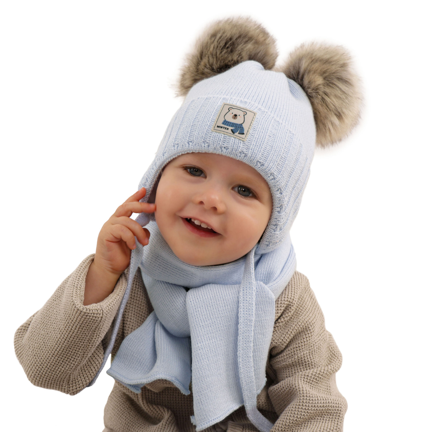 Ensemble d'hiver garçon: bonnet et écharpe, bleu, avec deux pompons, wiązany Jewel