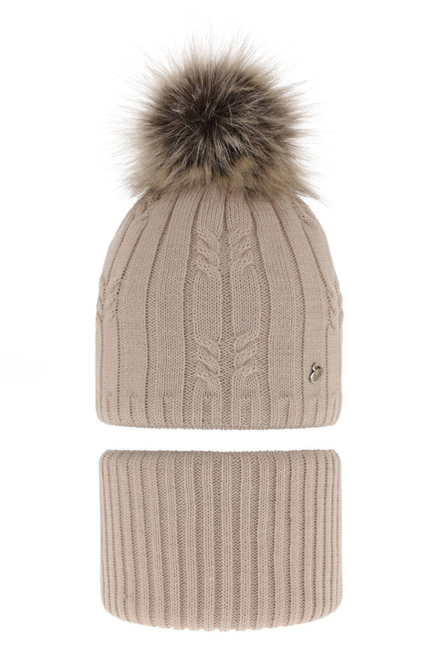Ensemble d'hiver fille: bonnet et snood, beige, avec pompon, Amaltea