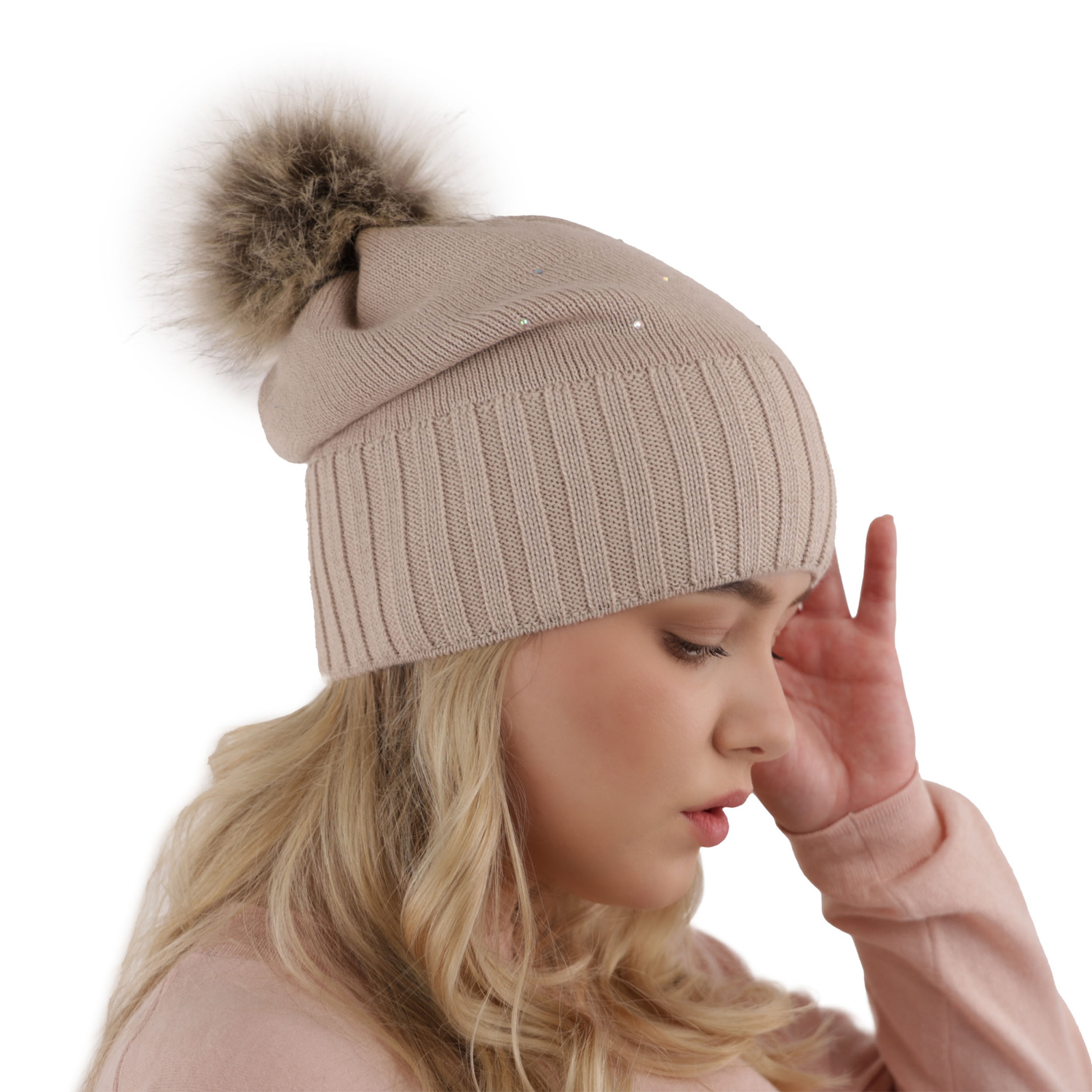 Bonnet d'hiver femme, rose, avec pompon, avec laine mérinos, Malga
