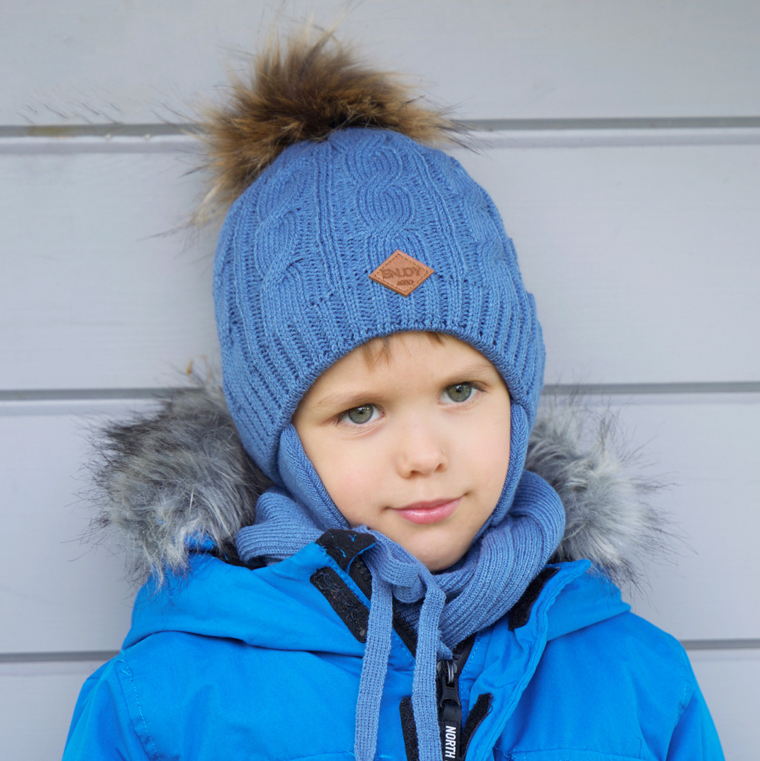 Jongens winter set muts en sjaal, crème, met garen pompon, met bindkoorden, Minor