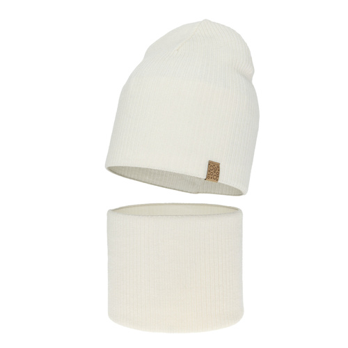 Ensemble automne/printemps fille: bonnet et snood, blanc, avec laine mérinos, Ricona