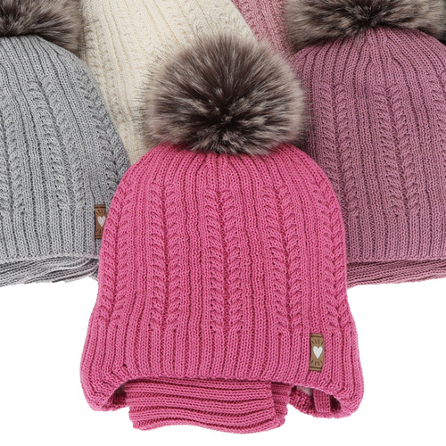 Ensemble d'hiver fille: bonnet et snood, rose, avec laine mérinos, avec pompon, avec liens, Muanda