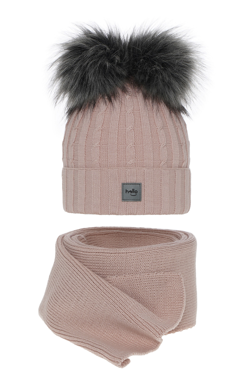 Ensemble d'hiver fille: bonnet et écharpe, rose, avec deux pompons, Zenda