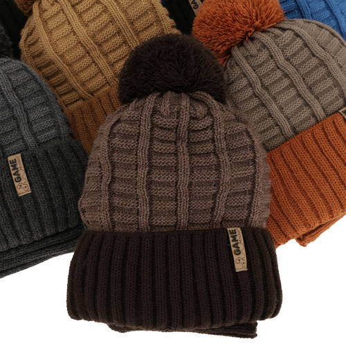 Ensemble d'hiver garçon: bonnet et snood, brun, avec pompon, Leo