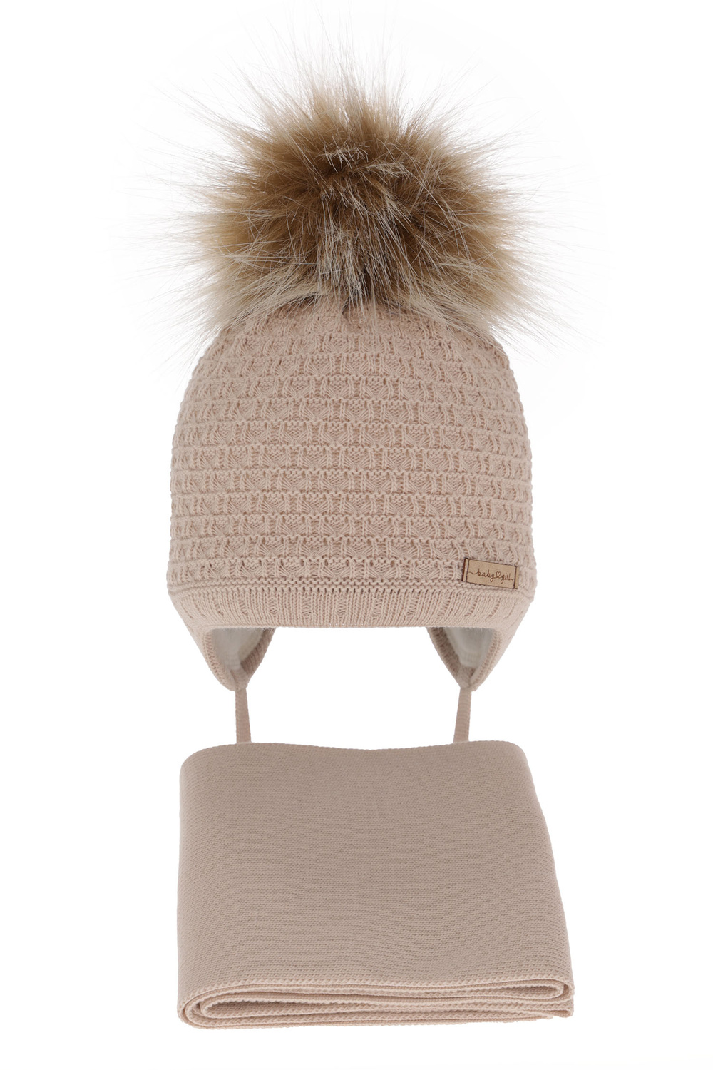 Ensemble d'hiver fille: bonnet et écharpe, beige, avec pompon, Clotilde