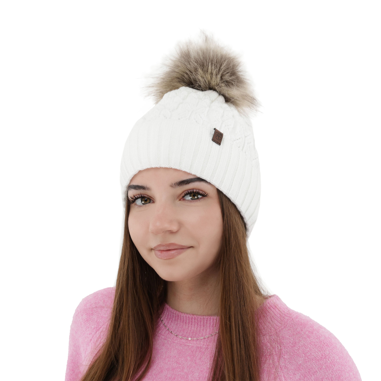 Bonnet d'hiver femme, blanc, avec pompon, Katty