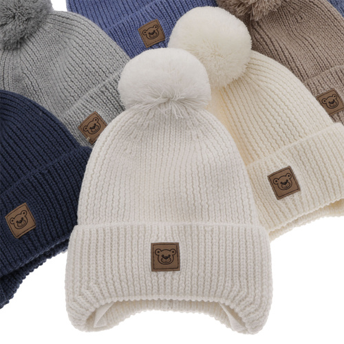 Bonnet d'hiver garçon, bleu, avec laine mérinos, doublé de coton, avec liens, Tacco