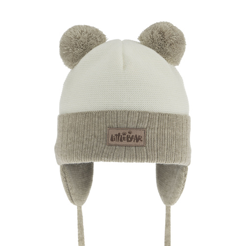 Bonnet automne/printemps garçon, beige, avec deux pompons, avec liens, Gigant