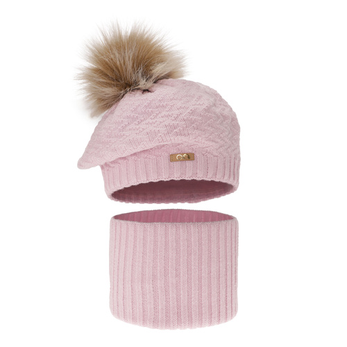 Ensemble d'hiver fille: beret et snood, violet, avec pompon, Atene