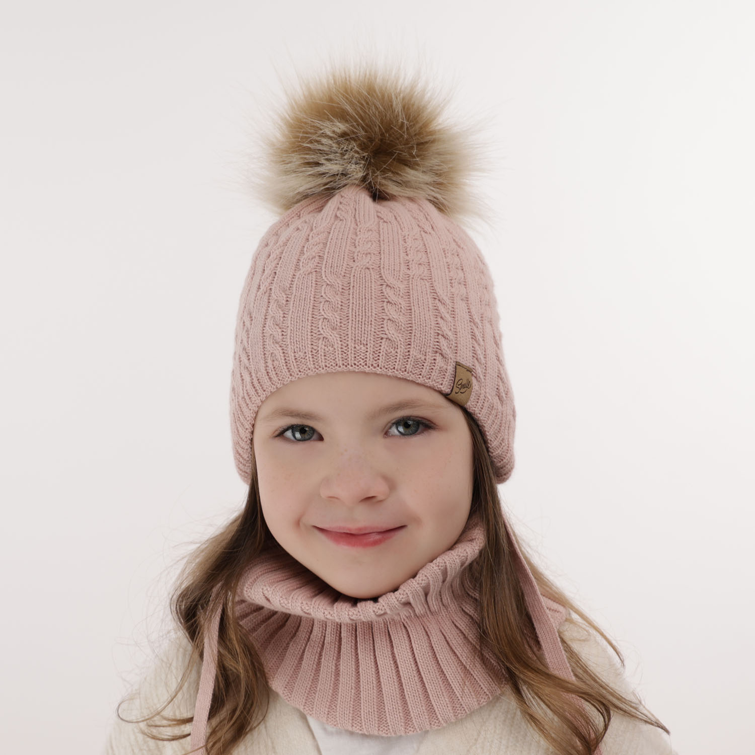 Ensemble d'hiver fille: bonnet et snood, gris, avec pompon, Loreley