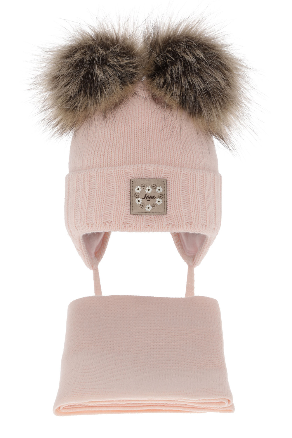 Ensemble d'hiver fille: bonnet et écharpe, rose clair, avec deux pompons, lié, Jazz