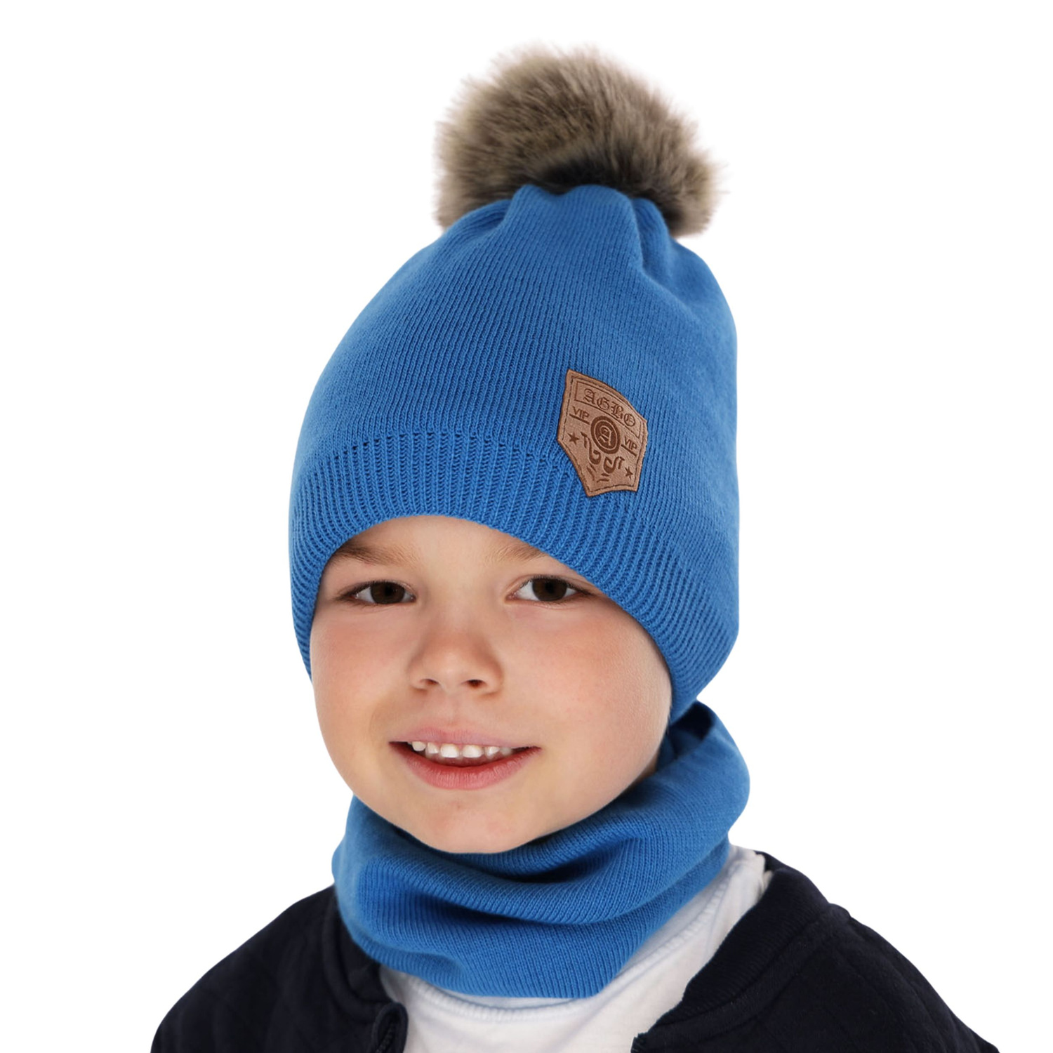 Jongens winter set, blauw, met garen pompon, Apolin